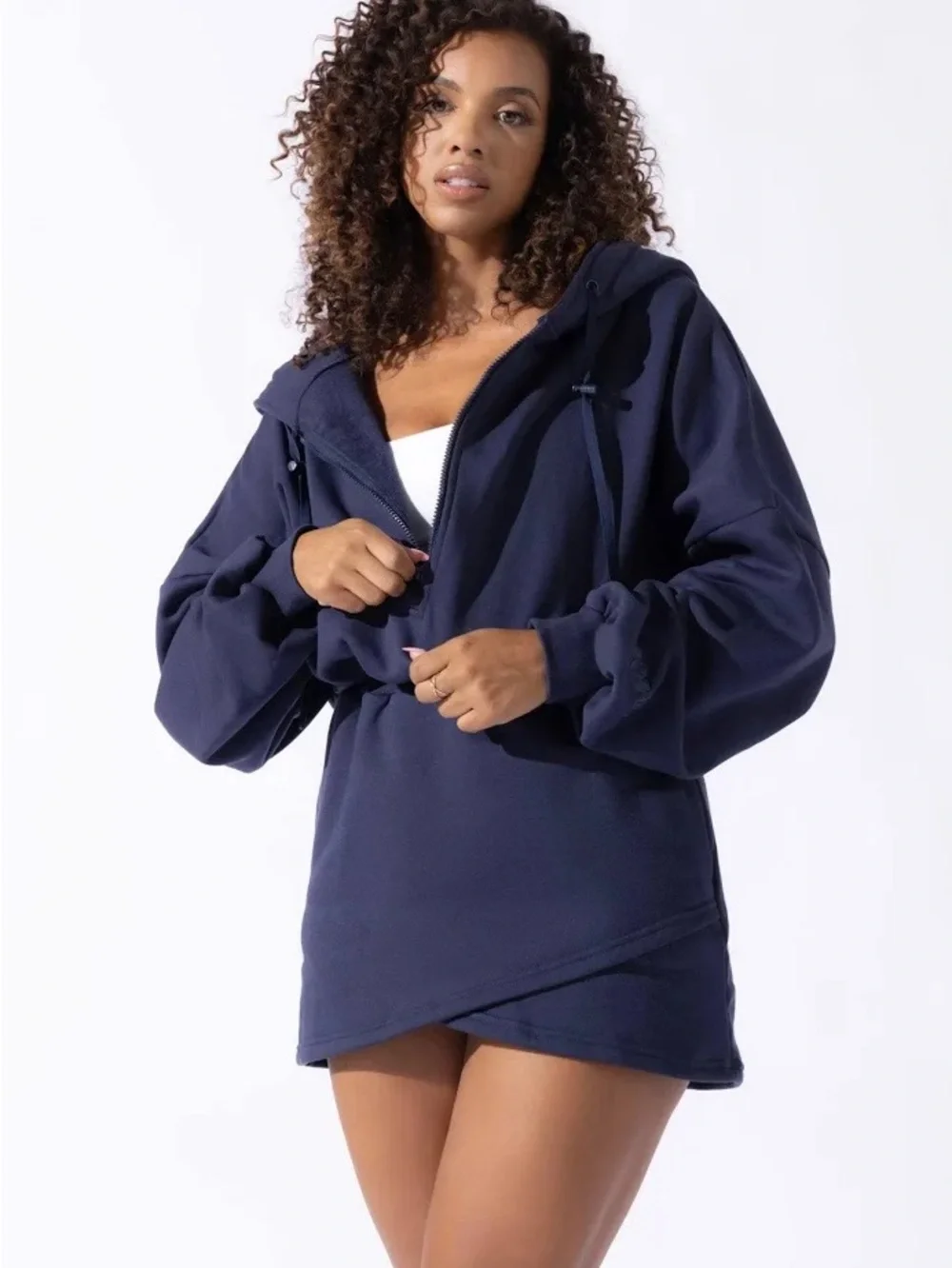 POPFLEX Navy Blue Zip-Up Hoodie Dress - Picture 2 of 7